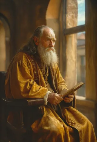 A detailed renaissance oil painting of an elderly scholar with a long grey beard, seated by a window overlooking a medieval city, holding a book, wearing a gold-embroidered velvet robe illuminated by warm candlelight.