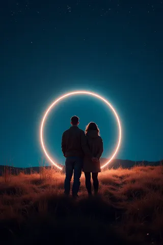 Silhouette of a couple standing in a grass field at night, illuminated by a glowing circular rim light under a starry sky.