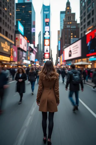 A woman in a brown coat stands still on a bustling city street, with surrounding pedestrians blurred from long exposure while the city buildings remain sharp.