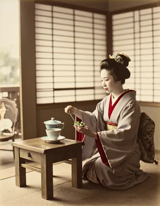 A geisha dressed in traditional kimono serving tea in an Old Japan style temple with sliding shoji screens and a wooden table.