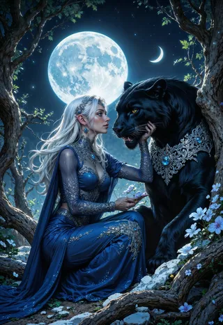 A mystical elven princess with silver-white hair in a sapphire blue gown adorned with silver filigree gently cradles the face of a majestic black panther under a bright full moon with twin crescent moons in the starry night sky.