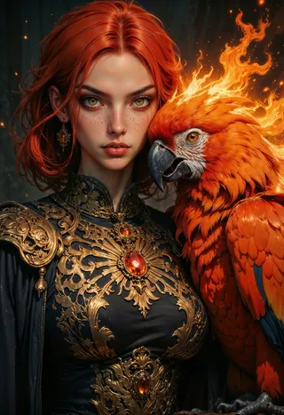 A fierce young woman with fiery red hair and golden eyes stands close to a majestic parrot with molten gold and orange feathers and flaming plumage, both set against a dark background illuminated by floating embers.