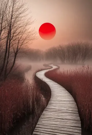 A surreal landscape featuring a winding wooden path over reflective caramel-colored water, surrounded by leafless trees and red reeds, with a large subtle red sun in a pale sky and a misty background.