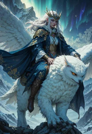 Majestic warrior with silver hair and antlered crown rides a massive snow-white owl with golden eyes, set against a night sky illuminated by auroras over snowy mountains.
