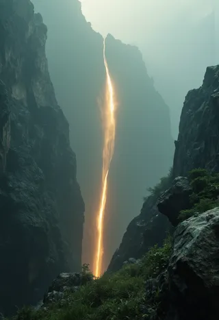 A narrow glowing yellow-orange light streak resembling sunlight pierces through a misty cliff gap, surrounded by dark rocky rockfalls and green vegetation under a soft, surreal atmosphere with depth of field.