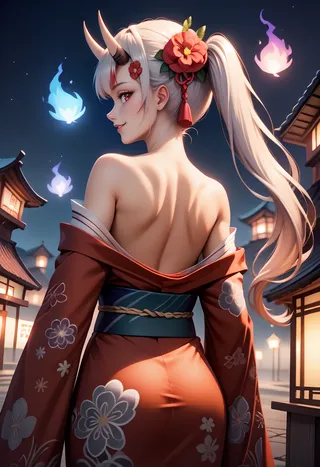 Character Ayame with oni horns, long side ponytail, wearing a red floral kimono, looking back over her shoulder amid glowing spirits at nighttime in a traditional Japanese setting.