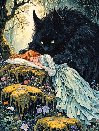 A red-haired woman in a teal Victorian dress sleeps peacefully on moss-covered rocks, embraced by a large whimsical black creature with glowing eyes in an ancient forest filled with wildflowers and morning mist.