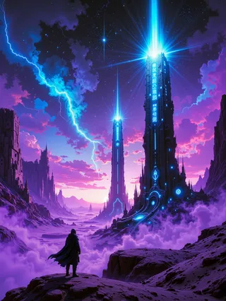A lone traveler stands on rocky terrain overlooking a vast alien desert with tall black obelisks emitting blue glowing inscriptions under a stormy purple and blue sky with lightning and distant mountains.