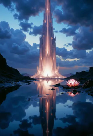 A towering futuristic crystalline spire glowing softly against a twilight sky, reflected perfectly in calm water with a glowing lotus flower in the foreground.