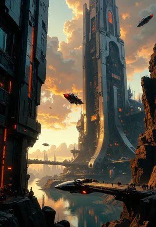 Highly detailed futuristic sci-fi cityscape at dusk featuring towering skyscrapers, sleek flying vehicles with red lights, and a metallic river reflecting dramatic orange and purple clouds.