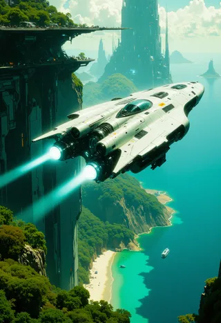 Highly detailed CGI of a sleek white futuristic spacecraft with glowing blue engines flying over a green island with a sandy beach and a sprawling sci-fi cityscape in the background.
