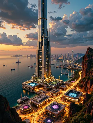 A towering space elevator rises from a vibrant futuristic coastal city at twilight, with illuminated buildings and floating vehicles under dramatic cloud-lit skies.