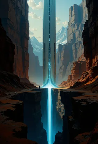 A futuristic white cylindrical tower rises vertically through a deep rocky canyon illuminated by a blue glowing base, with textured reddish-brown canyon walls under a gradient blue sky.