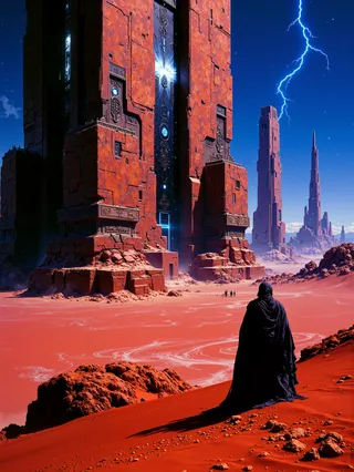 A lone traveler stands on wine red sand in an alien desert, facing towering black obelisks covered in glowing ancient inscriptions under a stormy sky with lightning.