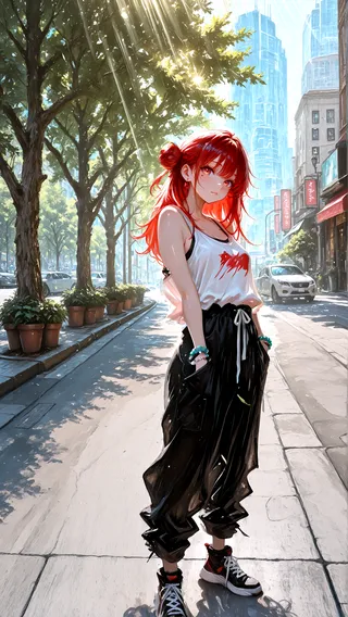 A girl with bright red hair styled in a single side bun, wearing a white tank top and baggy black pants, stands on a sunlit city sidewalk lined with trees and tall buildings in the background.