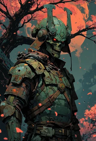 A ghostly samurai skeleton with glowing red eyes wearing rusted ancient armor stands beneath a cherry blossom tree illuminated by full moonlight with falling petals.