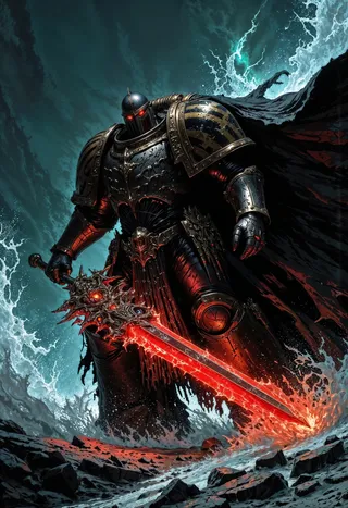 A dark power armored figure with glowing red eyes wields a colossal, fiery red sword amid cascading splashes of water under dramatic cinematic lighting.
