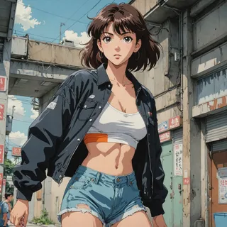 80's anime-style girl wearing a white cropped top, dark jacket, and ripped short shorts standing in an urban alley with detailed background and wide brush strokes