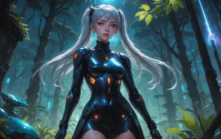 Anime girl with silver hair and pointy ears wearing a shiny cyberpunk suit stands in a glowing bioluminescent alien jungle, with detailed eyes and futuristic atmosphere.