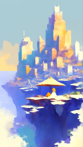 Minimalist retro-style painterly illustration of a girl sitting under a hut umbrella on a cliff with a vast cityscape in warm and cool tones in the background.