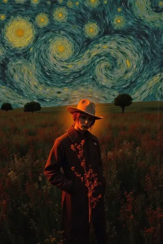 A silhouette portrait of a person wearing a hat and coat standing in a field at night with a starry sky background inspired by Van Gogh's Starry Night painting.