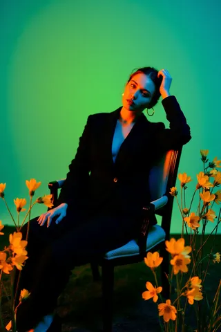 Portrait of a woman in a black suit sitting on a chair, surrounded by yellow flowers with a green background and moody cinematic lighting