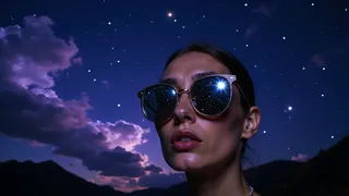 Close-up of a woman wearing sunglasses that reflect a star-filled night sky with bright stars and violet clouds, set against an indigo cosmic backdrop.
