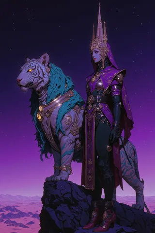 A highly detailed fantasy scene with a majestic anthropomorphic tiger adorned with teal stripes and gold armor, standing beside a female warrior in an ornate purple and gold futuristic suit, both set against a starry purple sky above ethereal desert dunes.