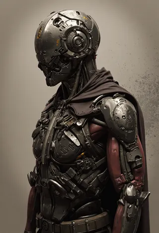Brooding Victorian cyborg in detailed cybernetic armor wearing a dark brown duster, crafted in sharp-focused digital art style.