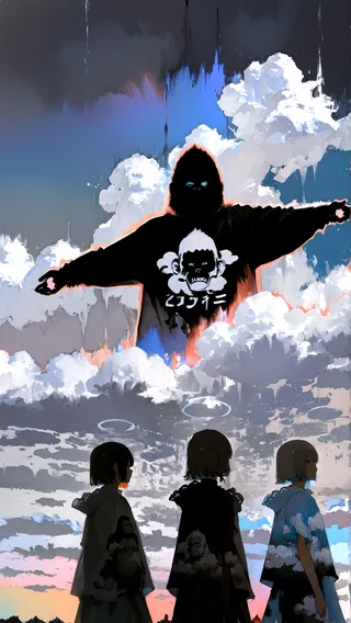 Abstract surreal artwork featuring three girls in frilly hooded cloaks with gorilla prints, standing under a gradient sky filled with clouds and a large dark figure with outstretched arms.