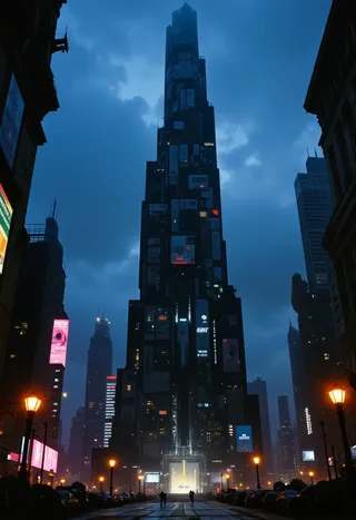 A towering science fiction skyscraper with numerous illuminated digital screens and neon lights, set within a dystopian cityscape at night with atmospheric fog and dark blue skies.