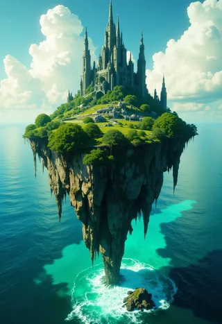 A highly detailed floating island with lush green trees and a fantastical city of tall spires, surrounded by turquoise sea and bright blue sky with clouds.