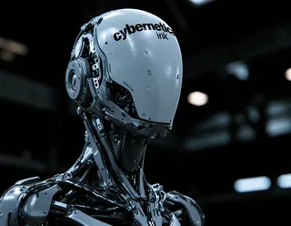 Detailed cybernetic robot head with smooth white glossy helmet and intricate mechanical components in a dark industrial setting.