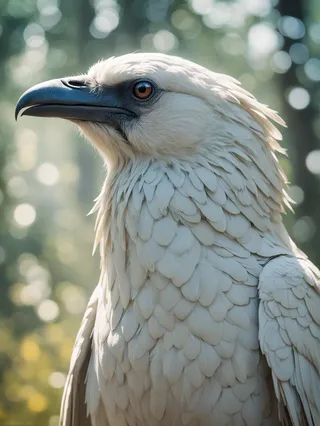 Close-up detailed portrait of a white raven with softly lit feathers and bokeh background in natural colors