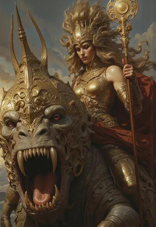 Detailed digital painting of a female fantasy warrior in golden armor riding an ornate mythical beast with large teeth and intricate golden patterns, holding a gemstone-studded staff emitting light.
