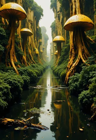 A surreal endless swamp with black water reflecting towering giant mushrooms with golden caps and lush green foliage on steep rocky walls.