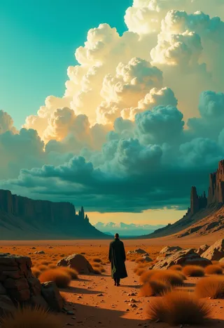 A solitary figure walks in a desolate desert landscape with large billowing clouds overhead, rock formations on both sides, and atmospheric haze in the distance.