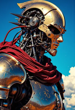 Ultra-detailed mechanical knight with chrome-gold armor and intricate robotic components, wearing a flowing red smart-fabric cloak under a clear blue sky.
