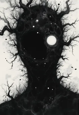 Monochrome dark shadow figure with an eerie face formed of swirling darkness and tree branch-like extensions, featuring a fisheye perspective.