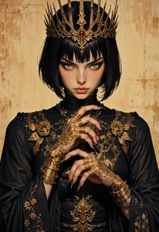 A young woman with a sharp black bob haircut wearing a golden ornate crown and black regal outfit with intricate golden embroidery and claw-like golden gloves.