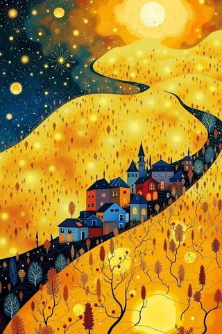 Brightly illuminated vineyard in Cubist style with glowing grapevines and a small melancholic village below under a cosmic starry sky.