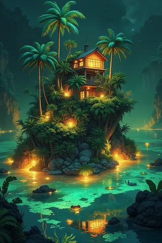 A bioluminescent tropical island featuring a wooden house surrounded by lush alien flora and tall palm trees, glowing warmly at night beside crystal-clear glowing waters and vibrant coral reefs.