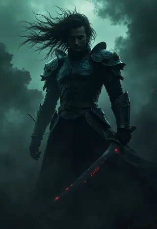 A dark armored knight stands against a misty teal sky, with flowing hair, glowing crimson eyes, and a sword glowing with embers in the shadowy haze.
