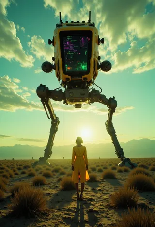 A yellow robotic walker with a digital screen faces a woman in a yellow dress in a desert at sunset under a partly cloudy sky.