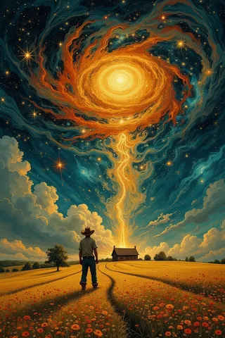 A farmer stands in golden fields of flowers, looking towards a distant farmhouse under a night sky dominated by a swirling, vibrant orange nebula emitting radiant golden light.