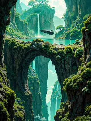A hyper-realistic alien jungle basin surrounded by towering cliffs with lush green vegetation and waterfalls. A futuristic research vessel hovers over a clear turquoise lake, with a water spiral floating above it, illustrating a gravitational anomaly.
