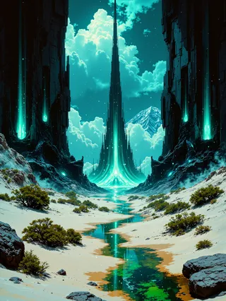A futuristic science fiction desert valley dominated by towering black alien monoliths glowing with radiant energy, surrounded by glowing streams and patches of alien flora under stormy skies.