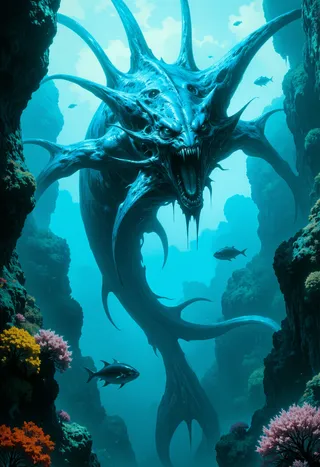 A biomorphic aquatic creature with translucent fins and a long stinging tail swims in a dramatic underwater environment surrounded by colorful coral reefs and fish.