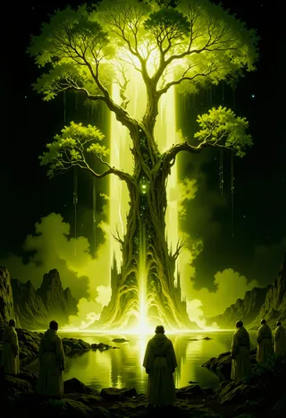 A glowing mystical tree with a luminous canopy stands tall by a sparkling pool at night, surrounded by monks in white robes amid a dark mountainous landscape.