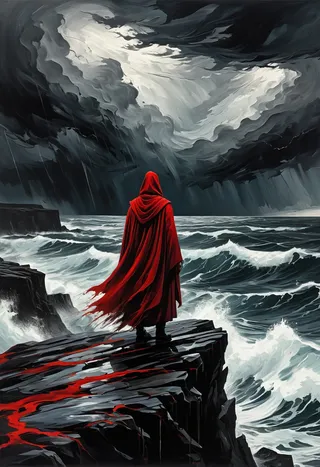A red-robed figure stands on a jagged black cliff overlooking a turbulent, stormy sea under a dark, swirling sky with dramatic, painterly brushstrokes.